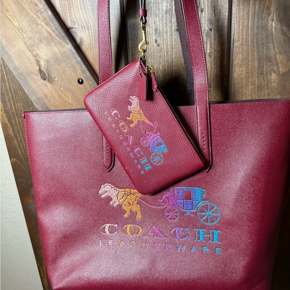 Coach Handbags - Authentic Coach Burgundy Tote with Colorful Logo and matching wallet